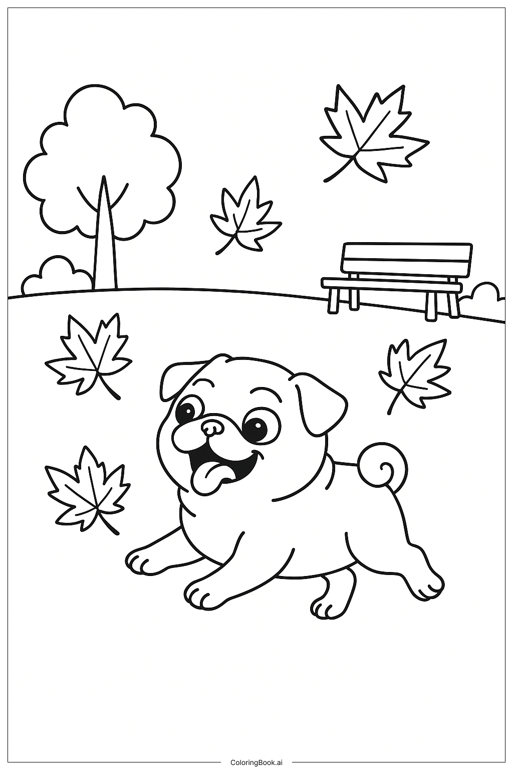  巴哥犬追逐落葉著色頁 