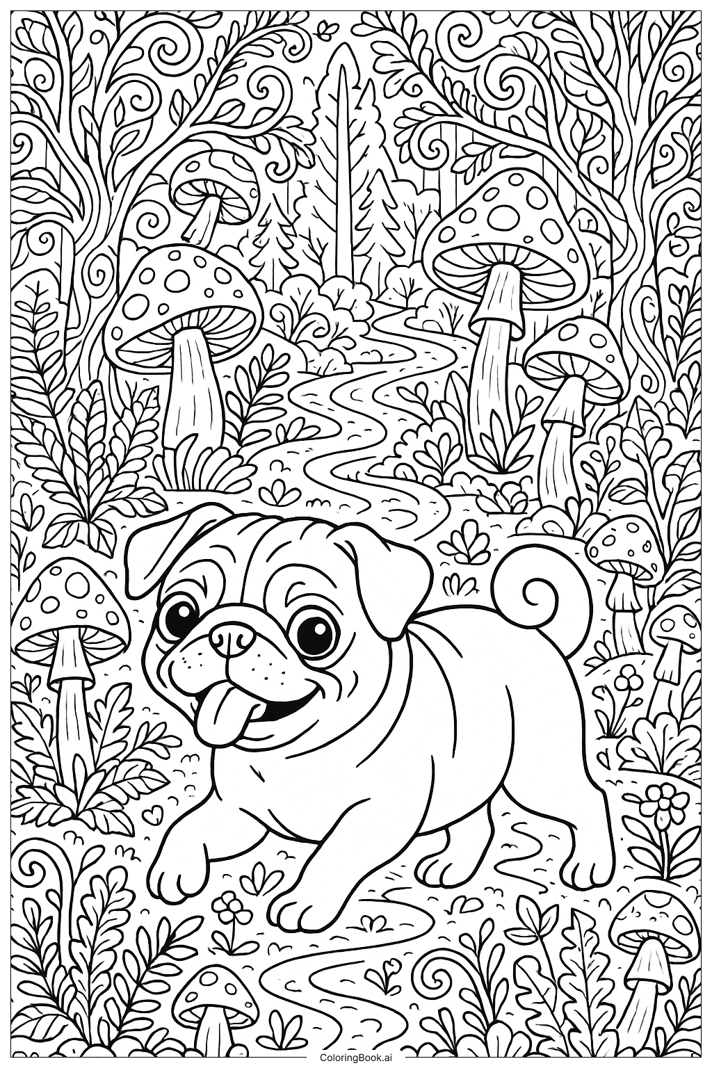  幻想森林裡的巴哥犬著色頁 