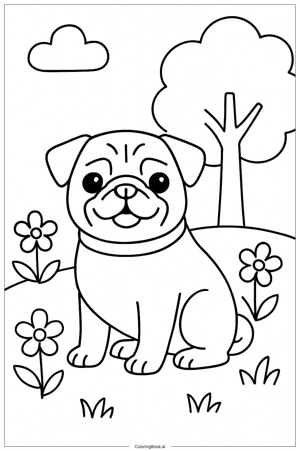  花園裡的巴哥犬著色頁 