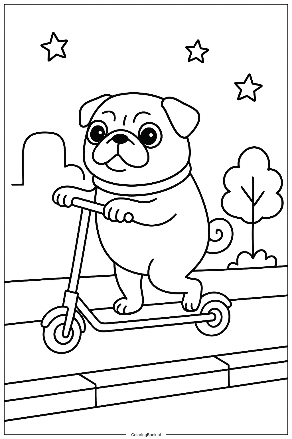  滑板車上的巴哥犬著色頁 