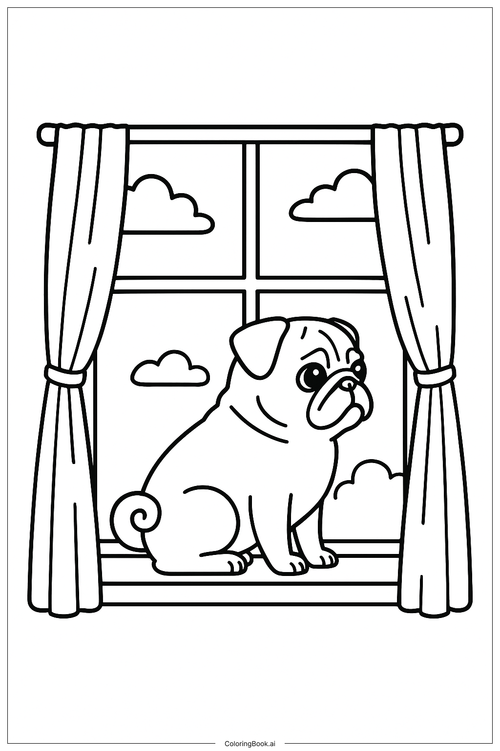  巴哥犬坐在窗台上著色頁 