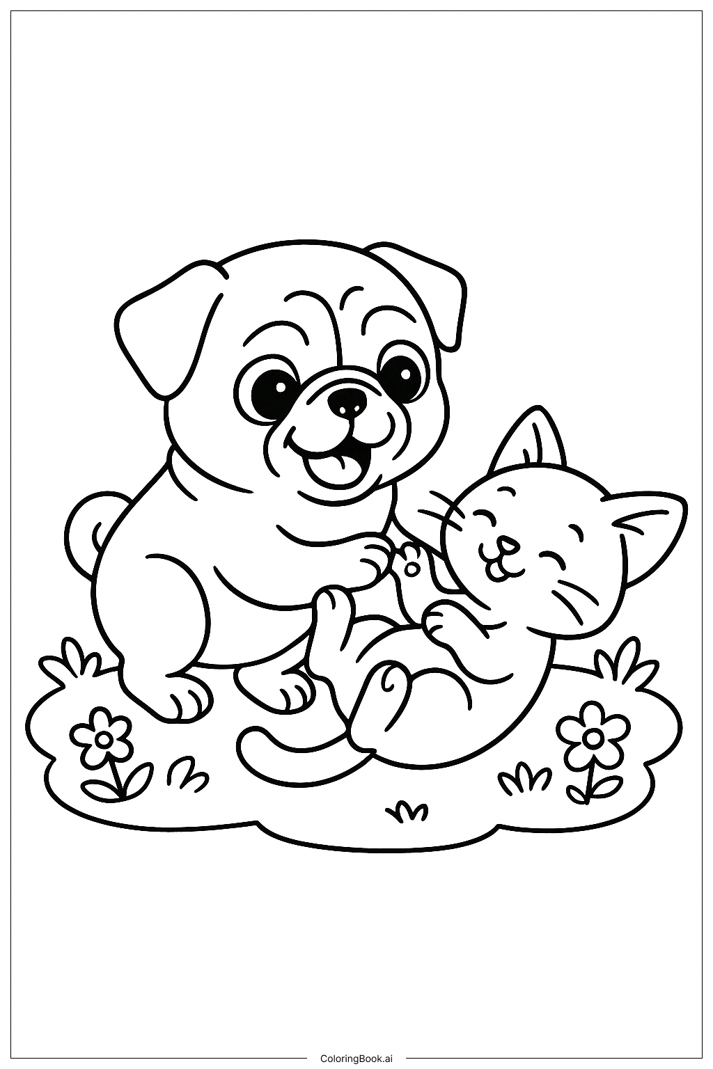  哈巴狗與小貓玩耍著色頁 