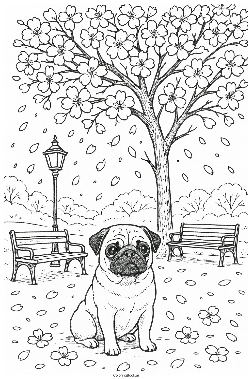  巴哥犬坐在櫻花樹下著色頁 