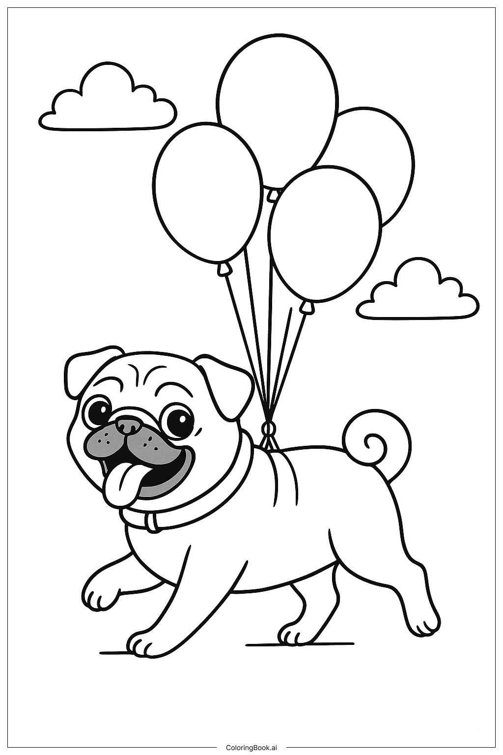  帶氣球的巴哥犬著色頁 