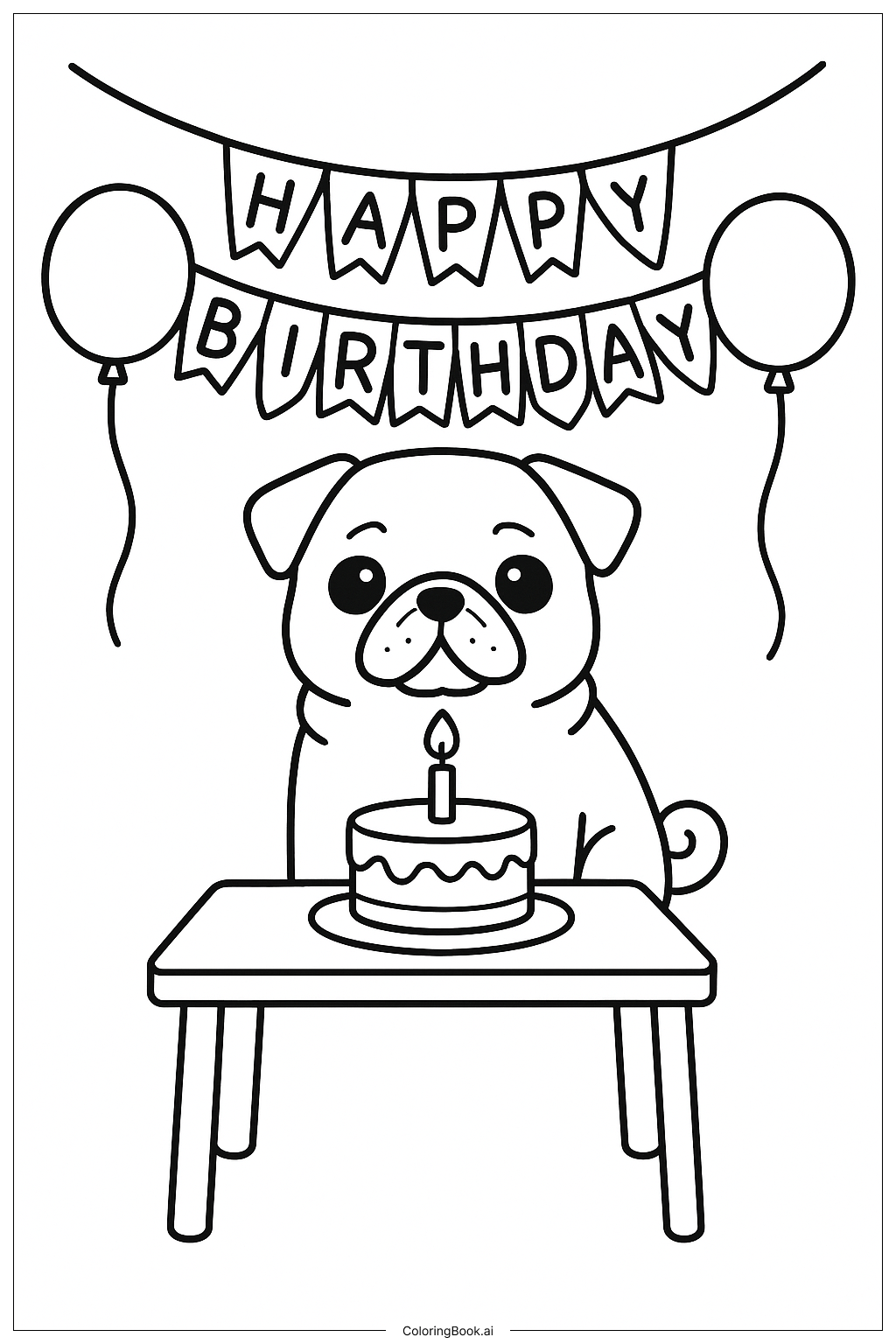  有生日蛋糕的巴哥犬著色頁 