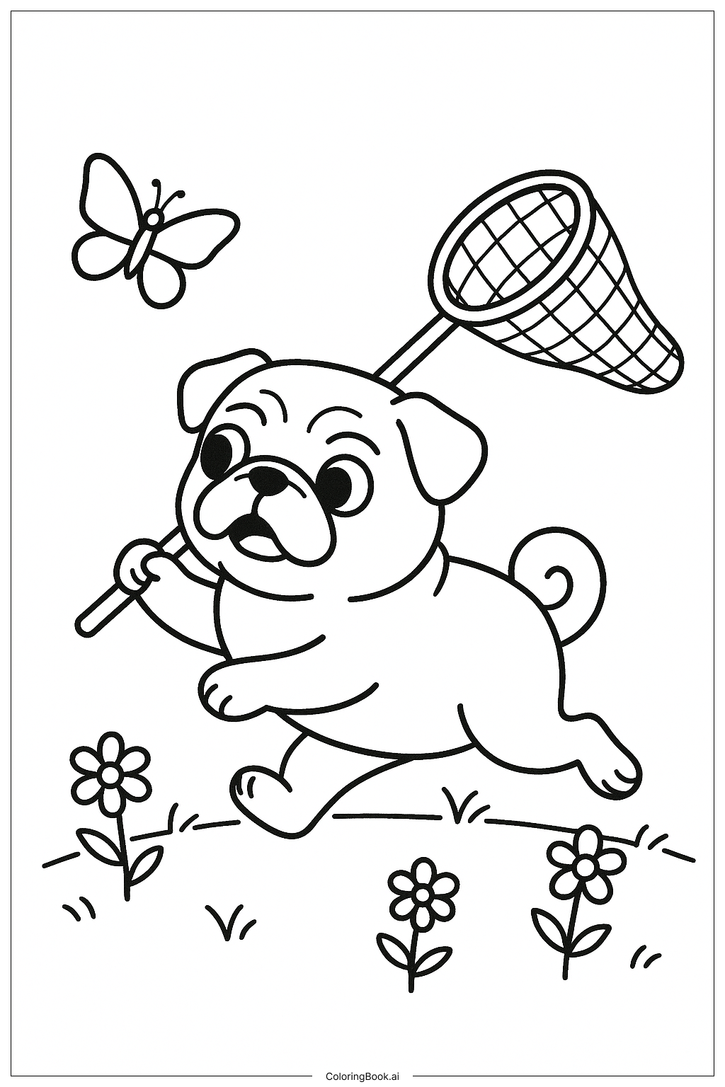  拿著蝴蝶網的巴哥犬著色頁 