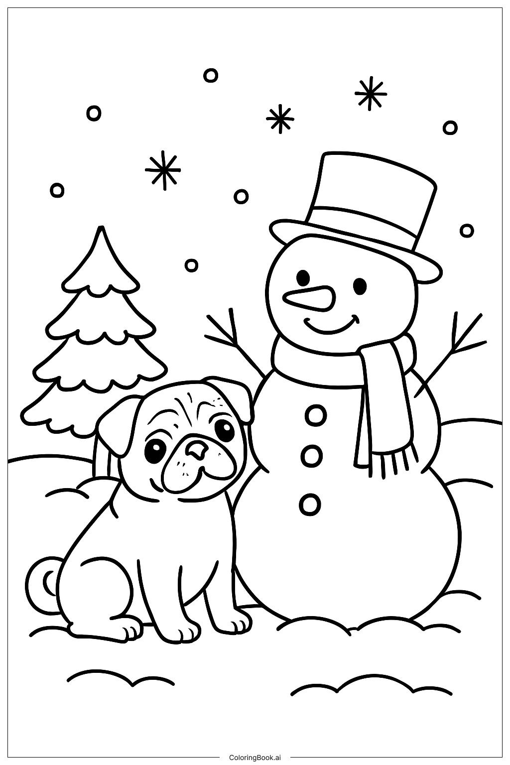  哈巴狗與雪人著色頁 