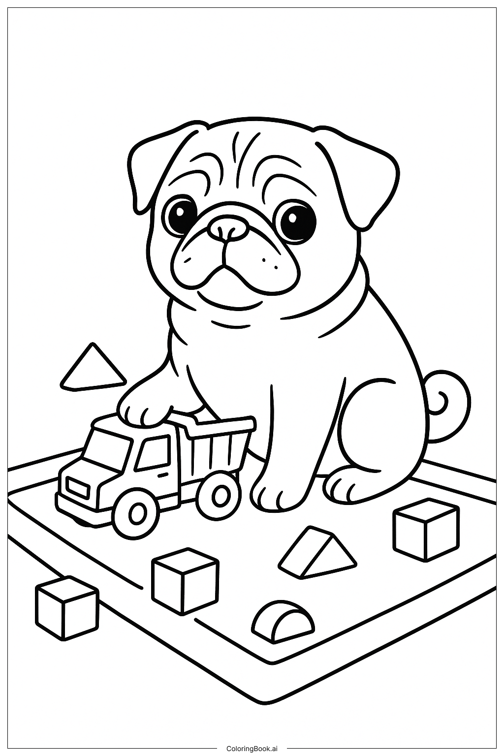  巴哥與玩具卡車著色頁 