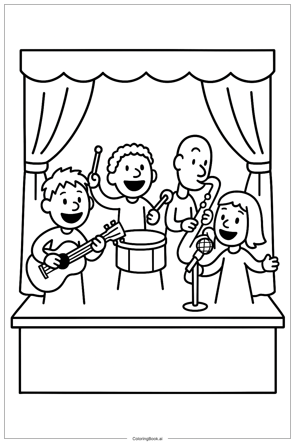  Página para colorear de Títeres Tocando Música Juntos 