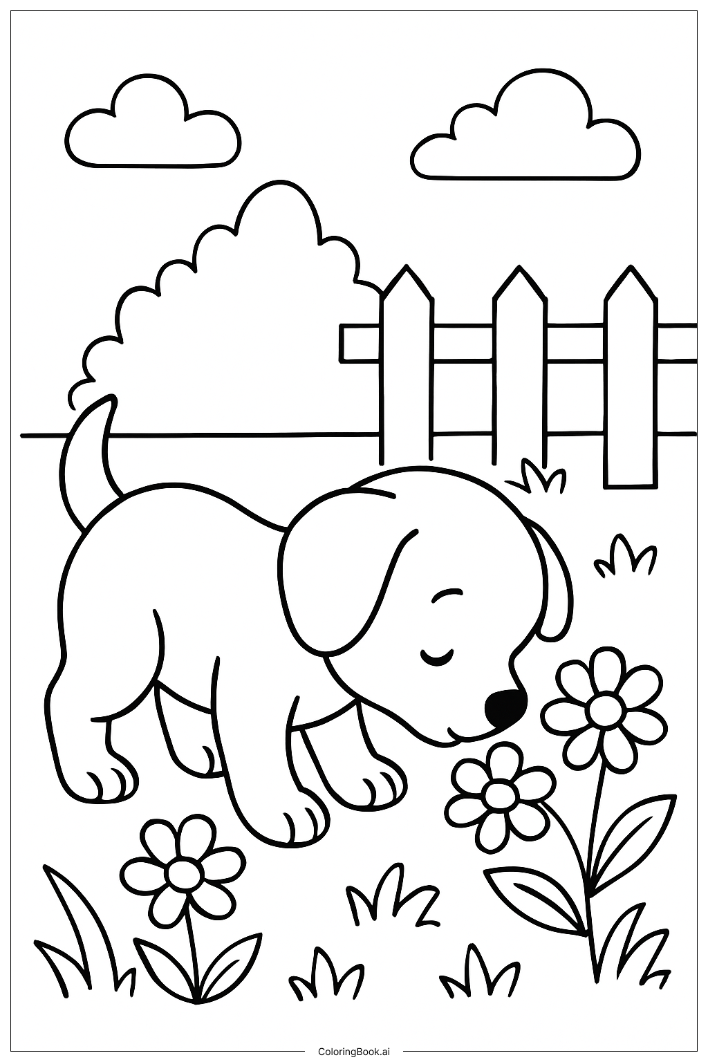  庭の子犬の塗り絵ページ 