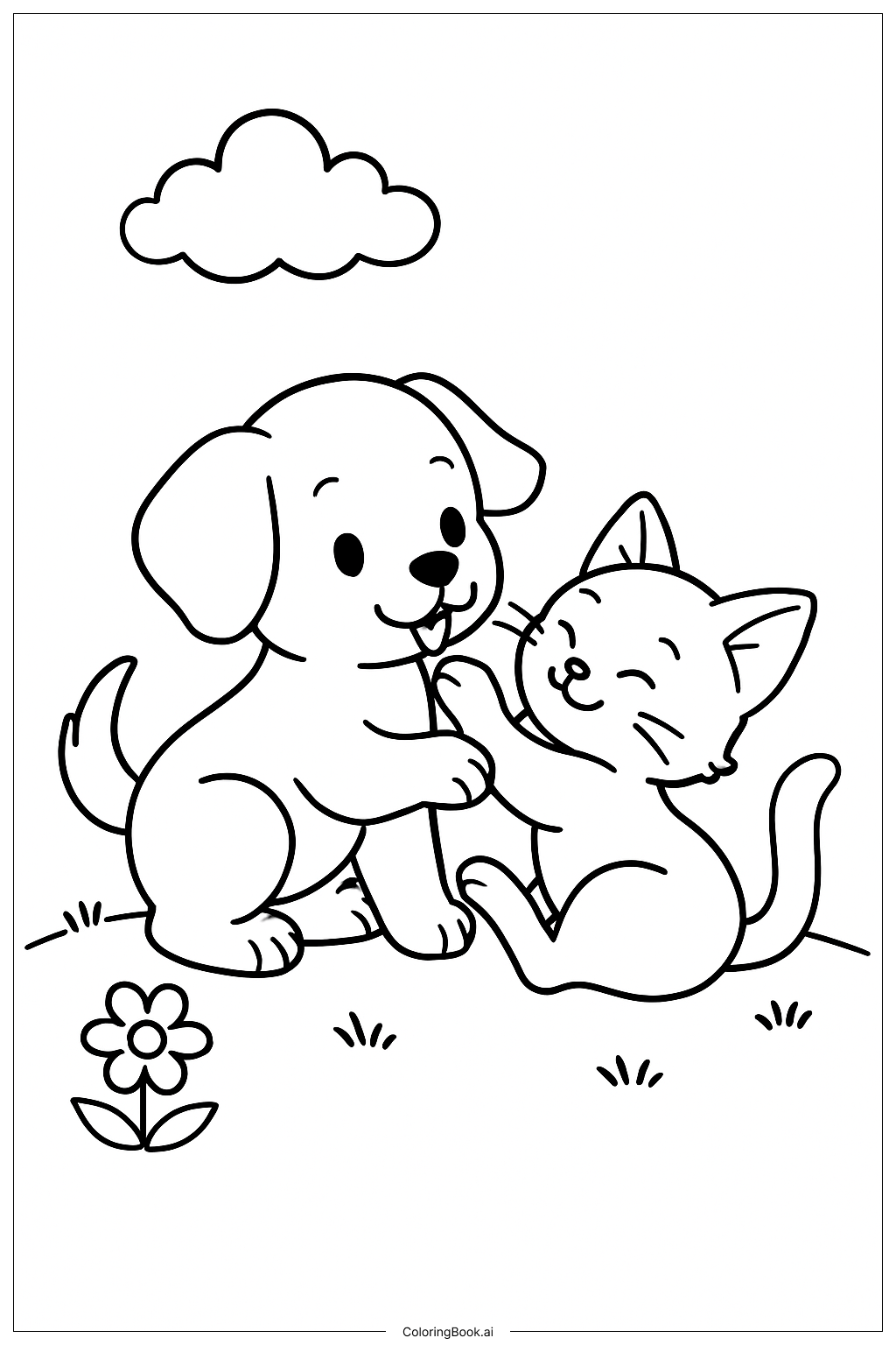  子犬と子猫が遊んでいるの塗り絵ページ 