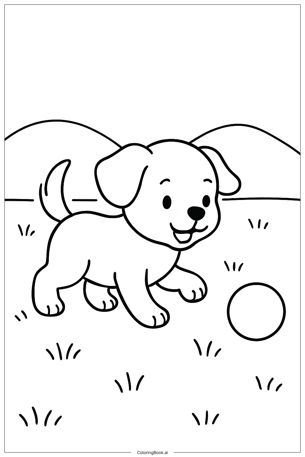  野原でボールと遊ぶ子犬の塗り絵ページ 