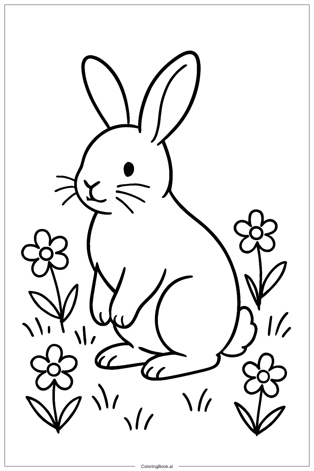  Página para colorear de Conejo en el prado de flores 