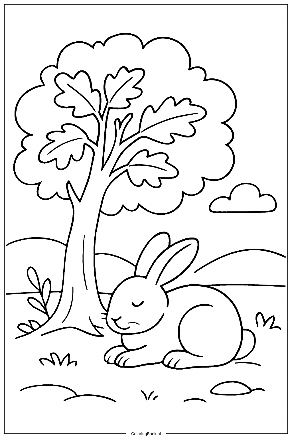  Página para colorear de Conejo Bajo un Gran Roble 