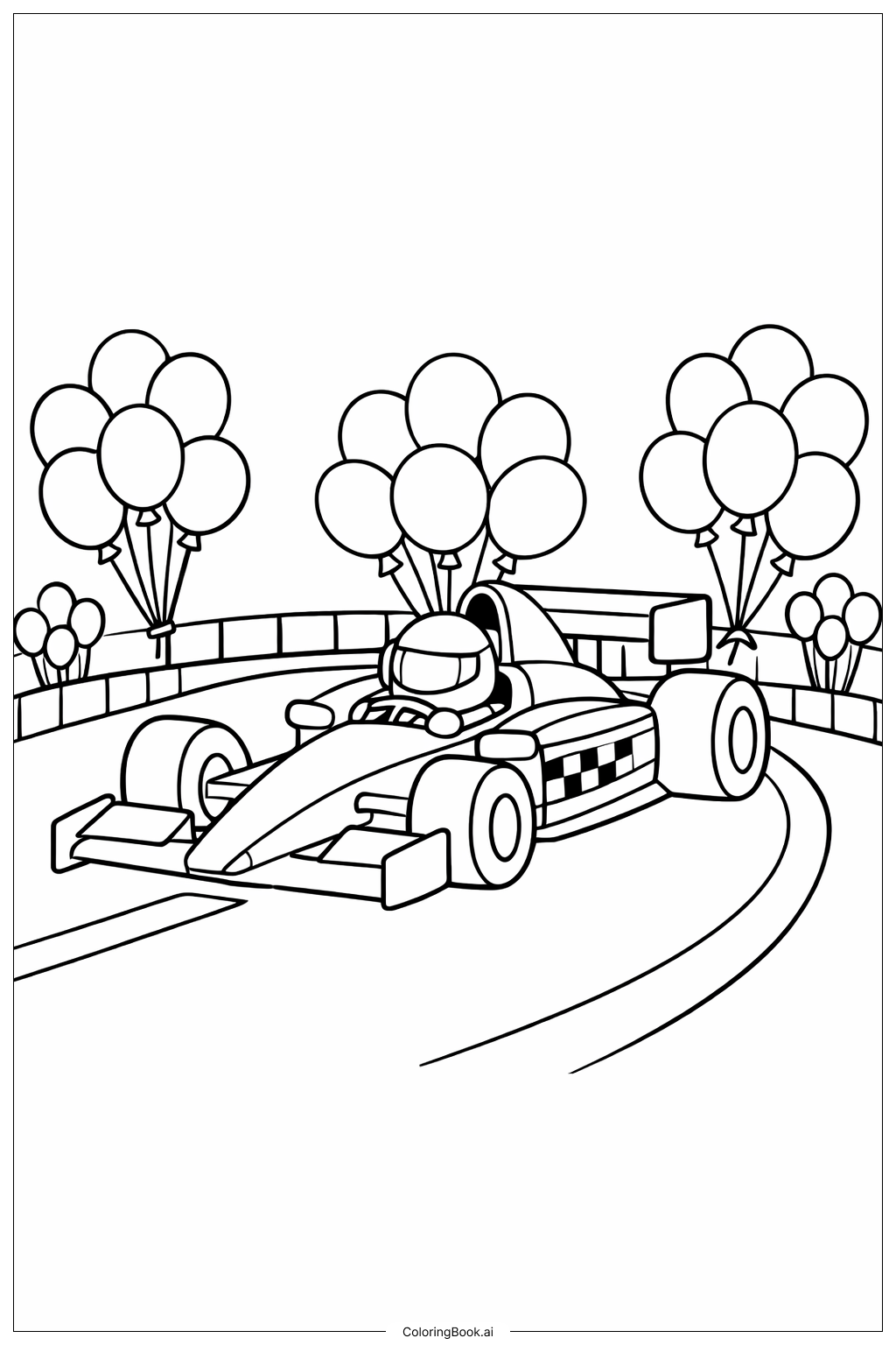  带气球装饰的赛车填色页 