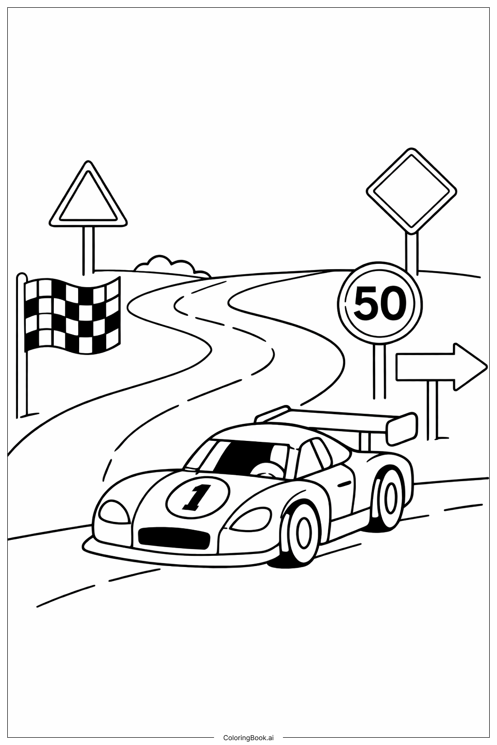  带路标的赛车填色页 