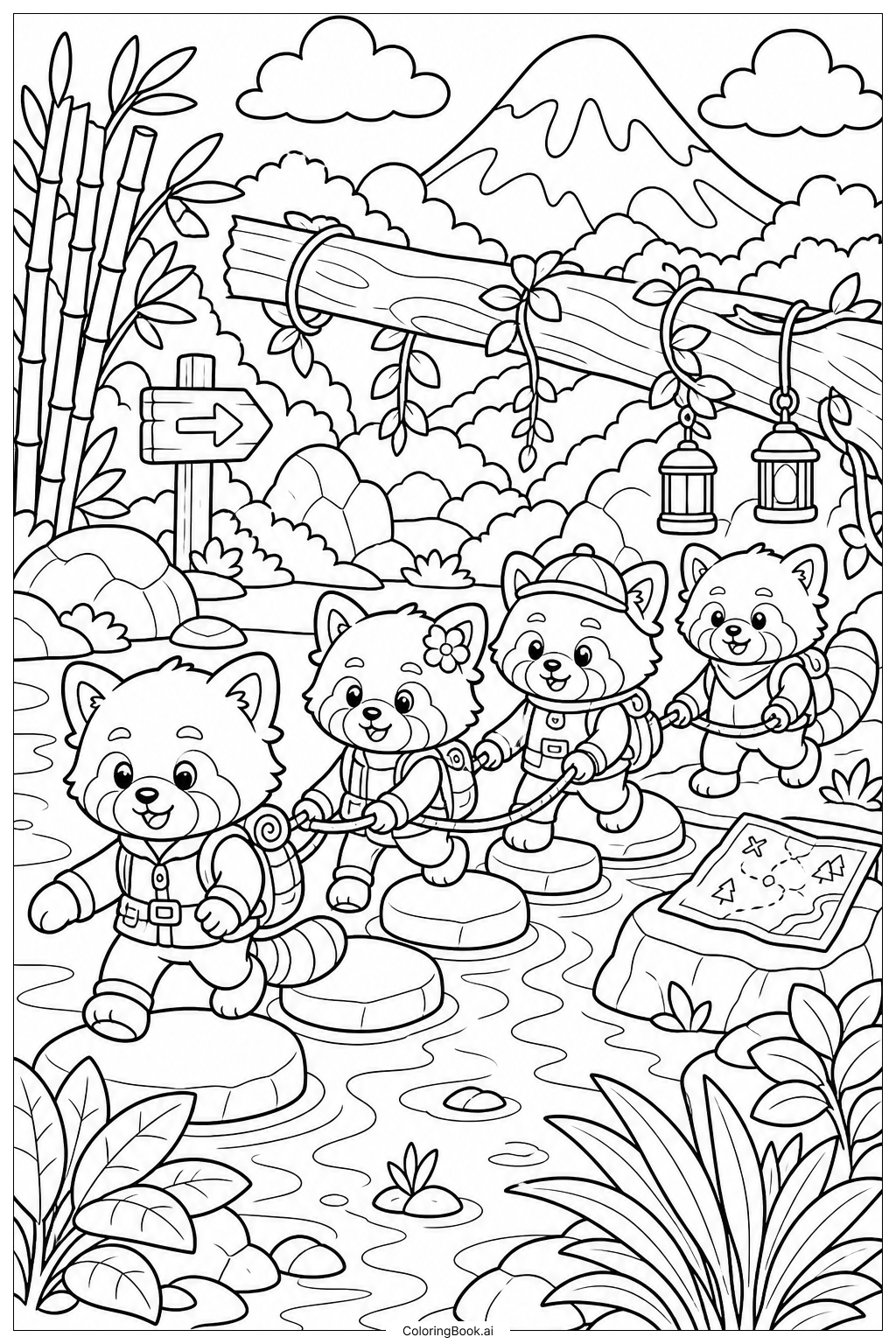 レッサーパンダと仲間たちの冒険の塗り絵ページ