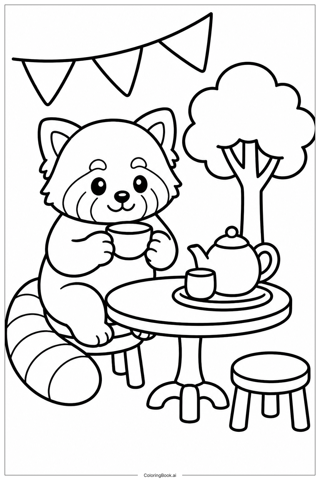 Roter Panda bei der Teeparty Ausmalseite