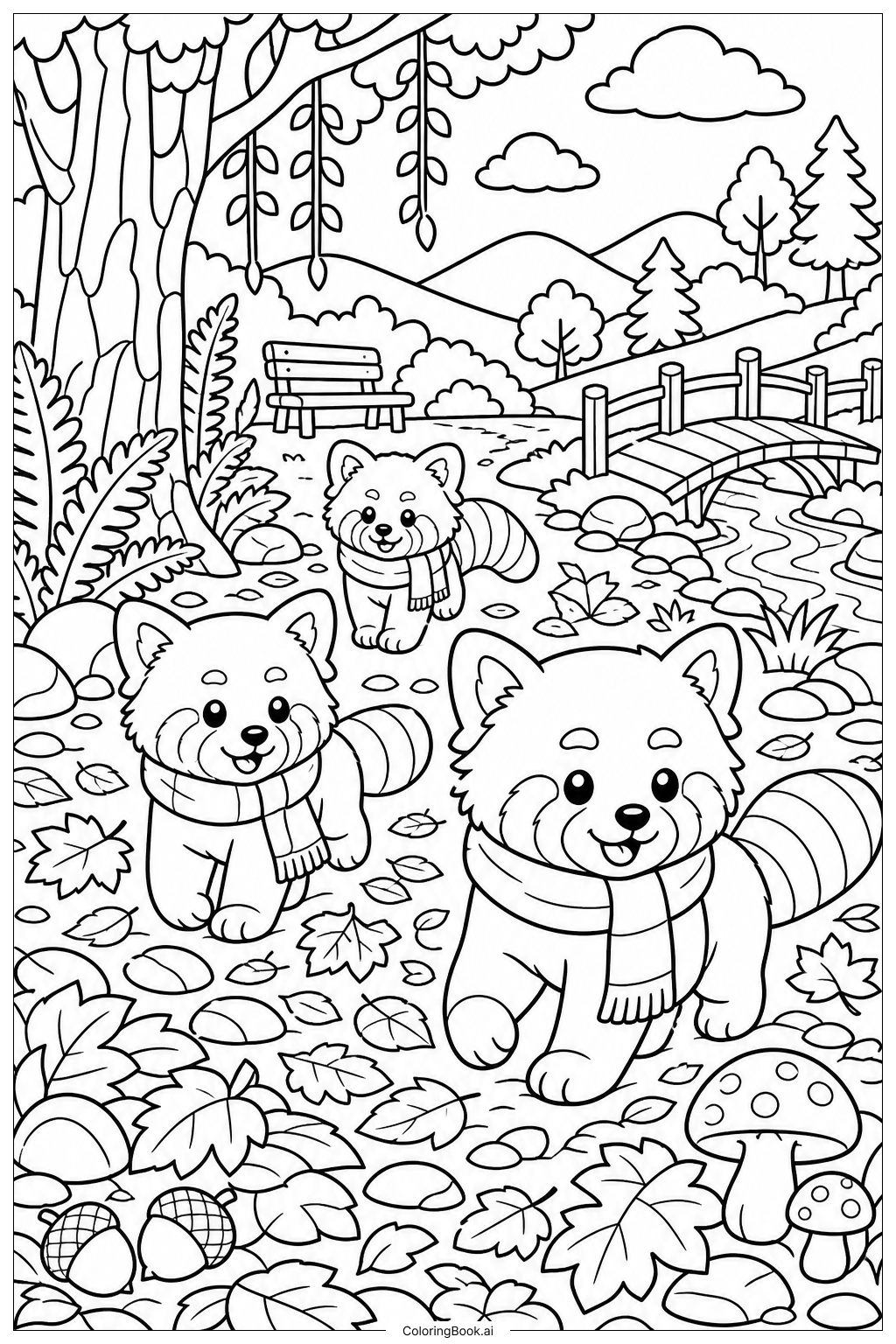 Página para colorear de Panda Rojo Caminata por el Bosque de Otoño