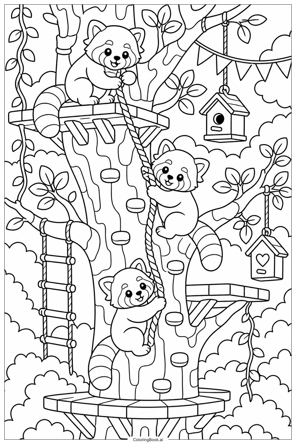 Página para colorear de Trío de Aventura de Escalada de Panda Rojo