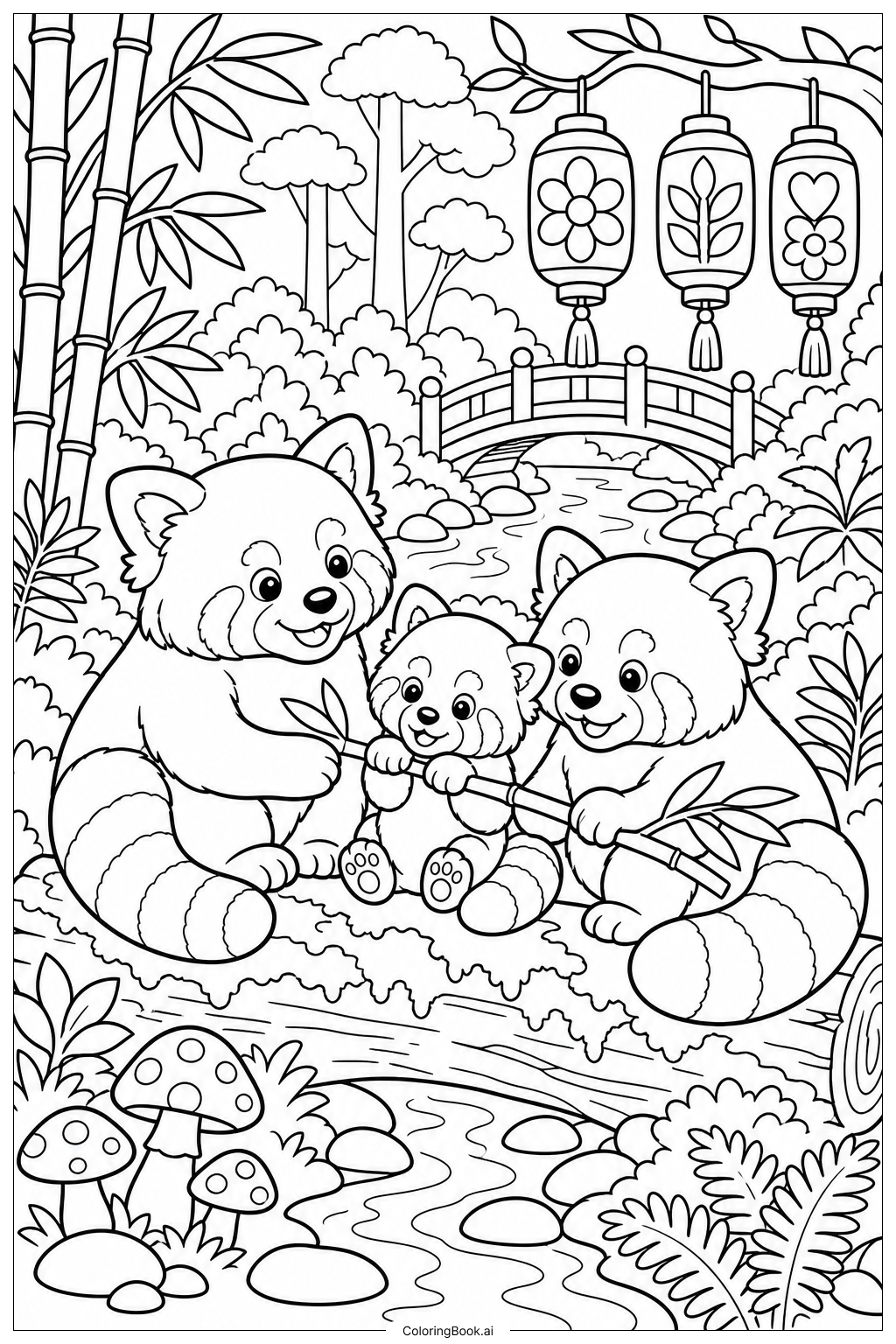 森の中のレッサーパンダ家族の塗り絵ページ