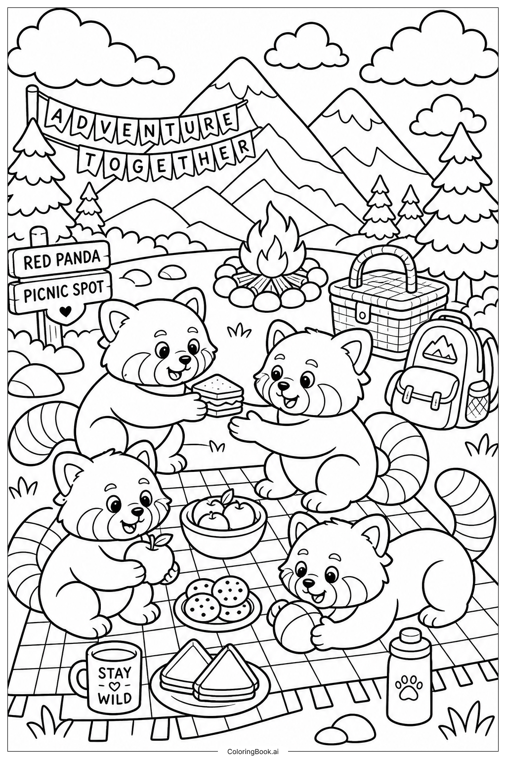 Página para colorear de Grupo de Picnic de Pandas Rojos en la Montaña