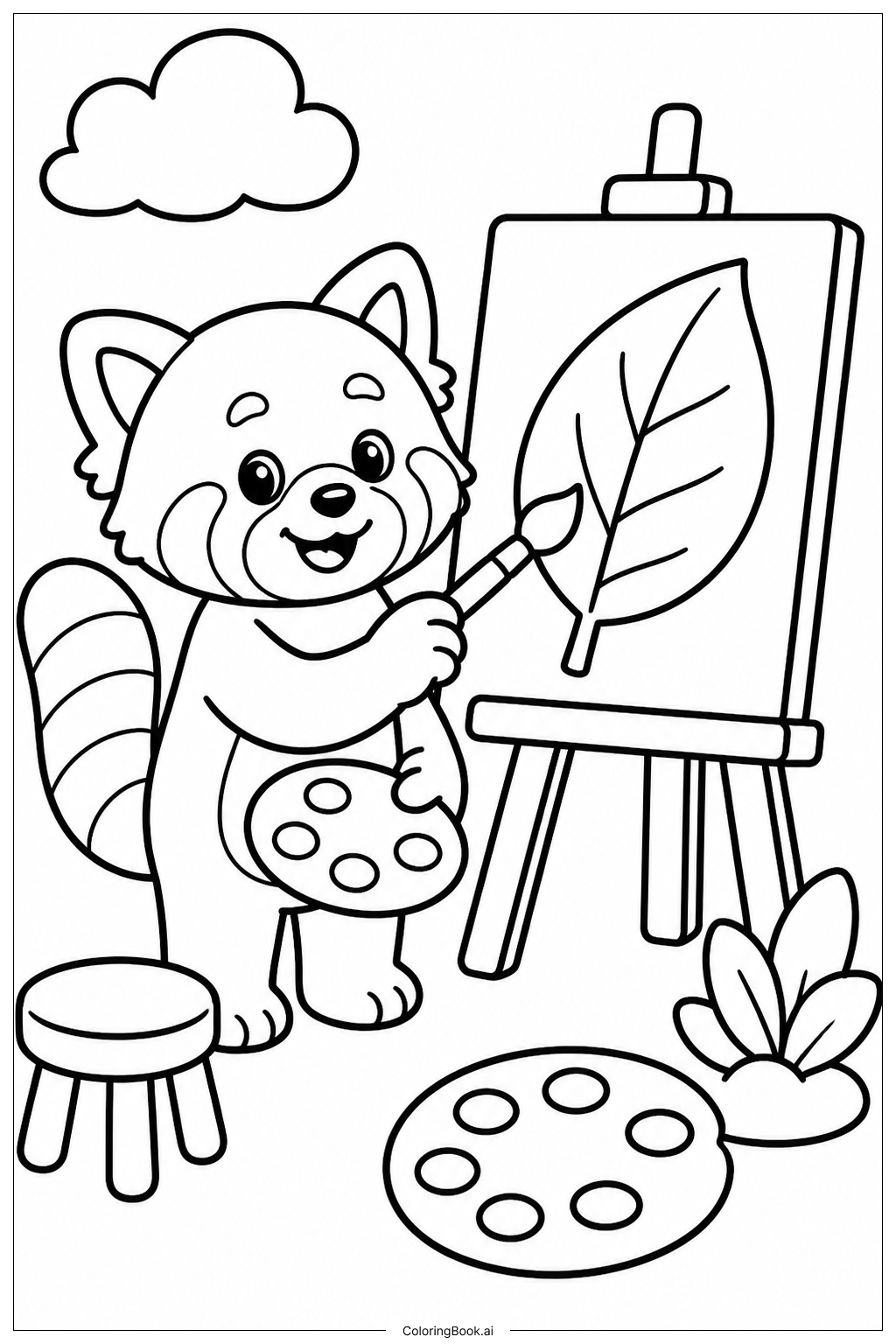 Roter Panda malt ein Blatt Ausmalseite