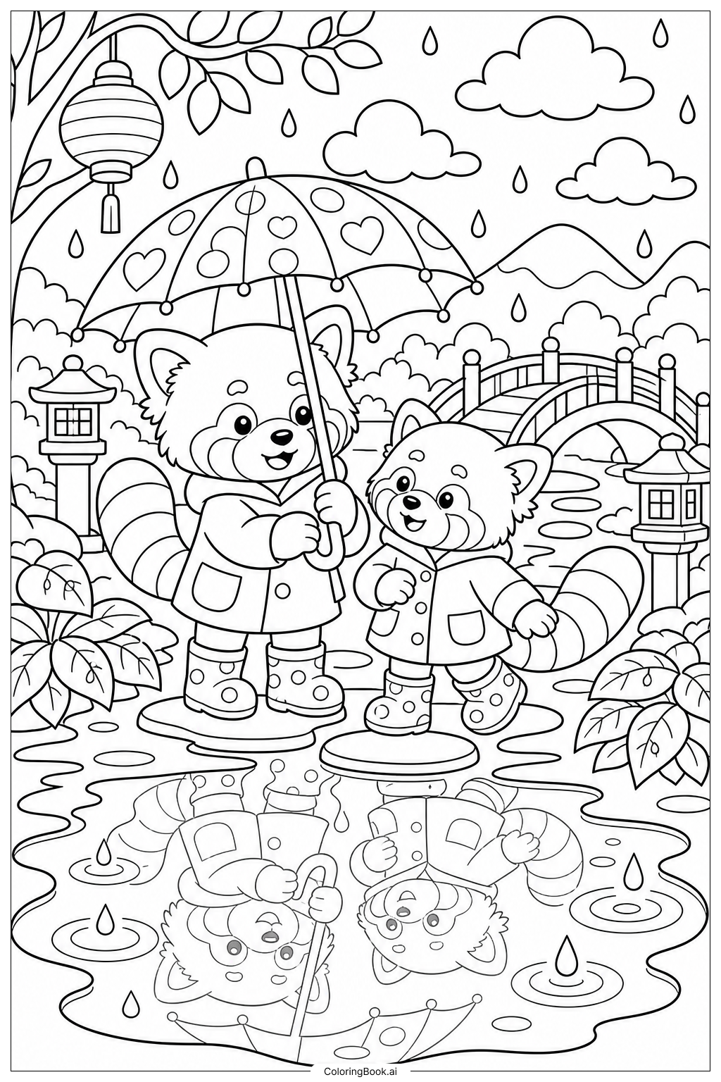 Página para colorear de Expedición del Panda Rojo en Día Lluvioso