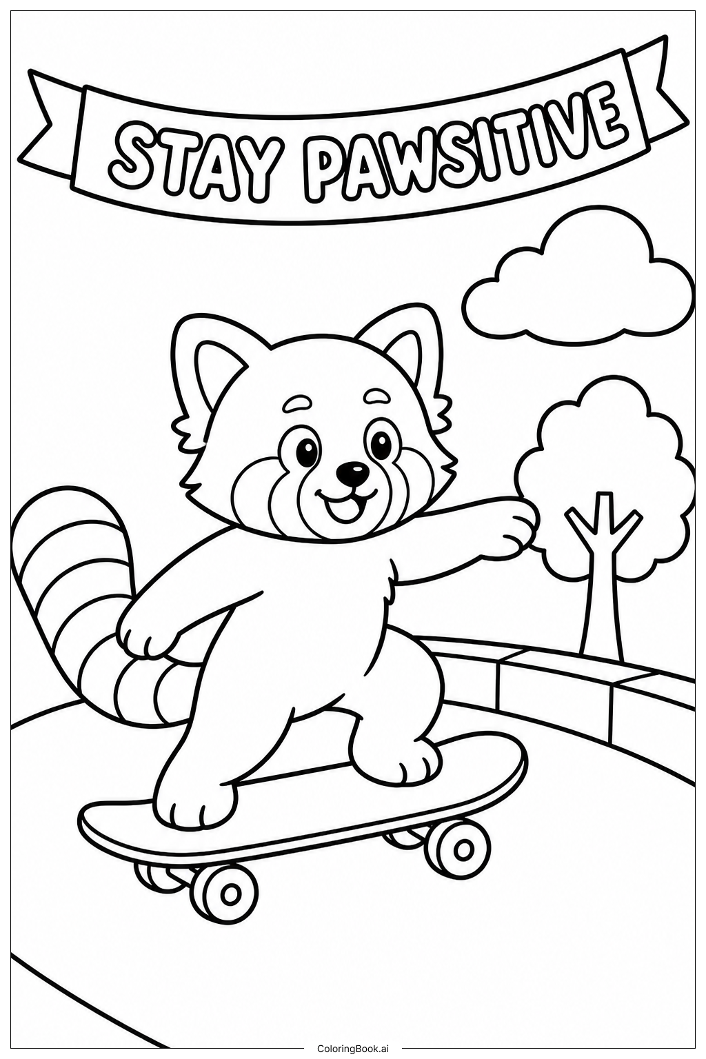 Roter Panda auf Skateboard Ausmalseite