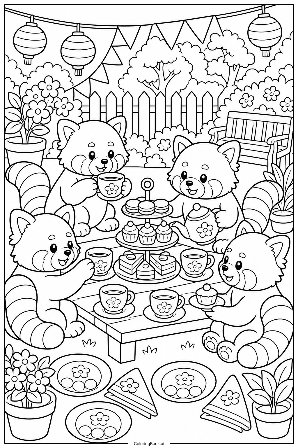 レッサーパンダのティーパーティーの塗り絵ページ