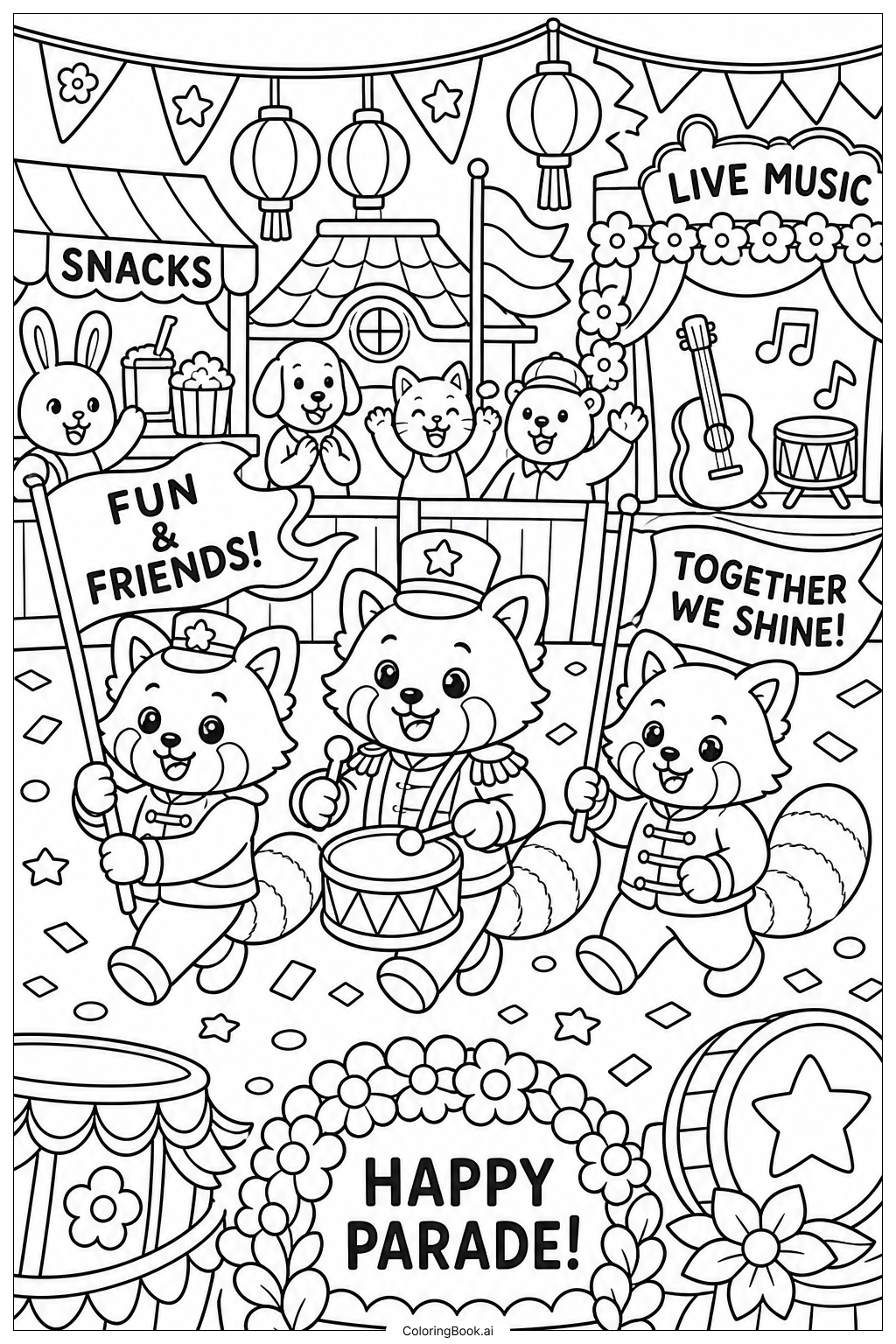 Página para colorear de Desfile del Festival de la Aldea del Panda Rojo