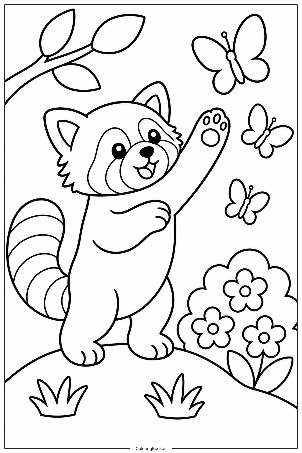 Roter Panda mit Schmetterlingsfreunden Ausmalseite