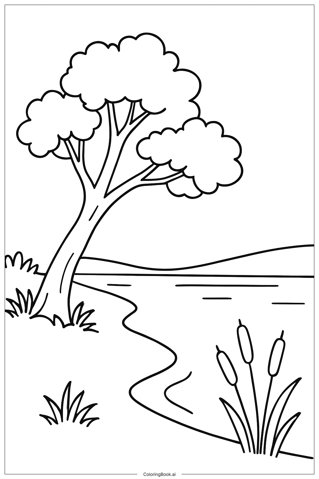 Página para colorir de Cena à Beira do Rio com Árvore