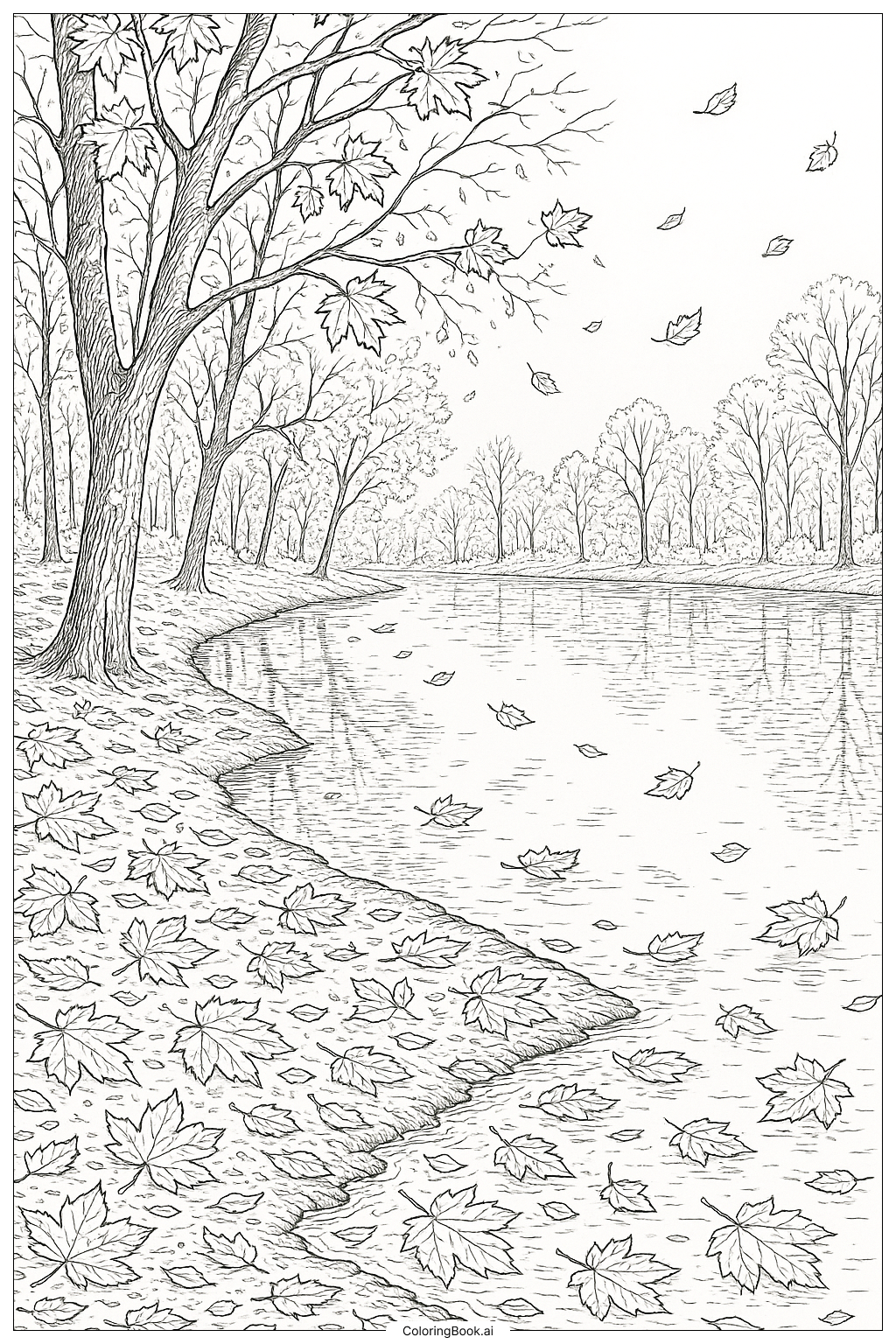 Árvores à Beira do Rio com Folhas de Outono