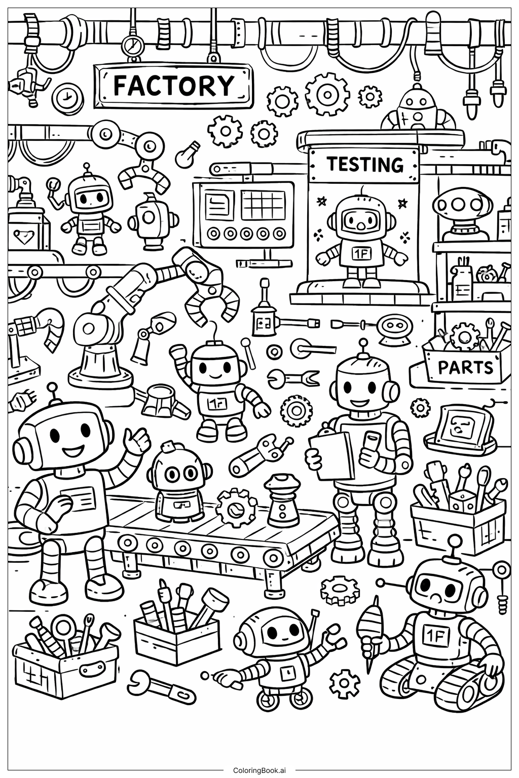 로봇 공장 낙서 장면 색칠공부 페이지