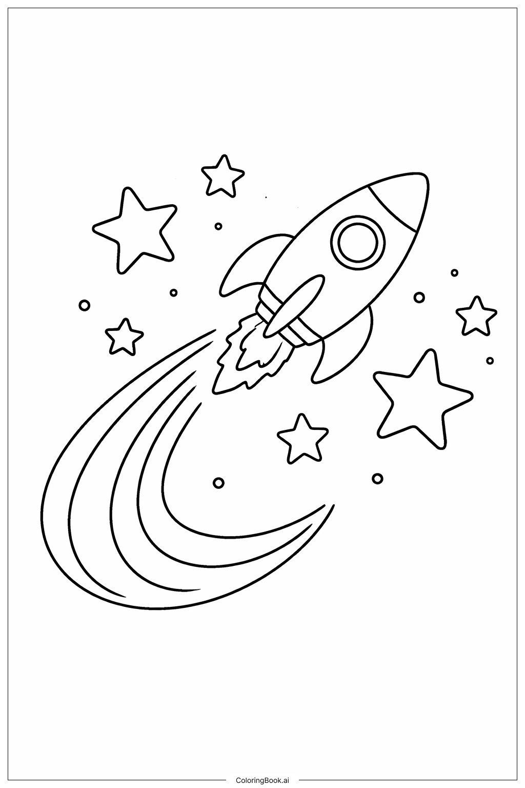  带尾迹和星星的火箭填色页 