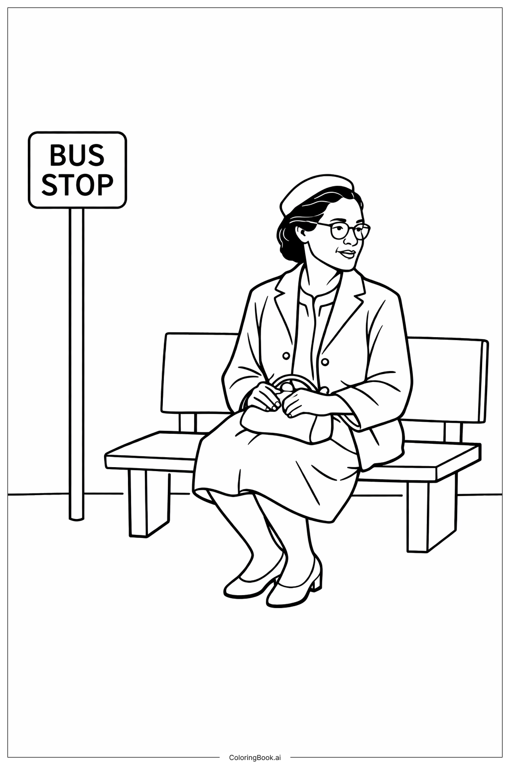  罗莎·帕克斯在公交站填色页 