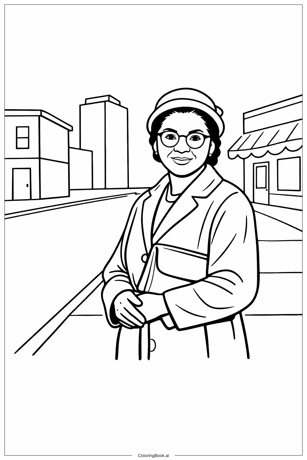  城市街道上的罗莎·帕克斯填色页 