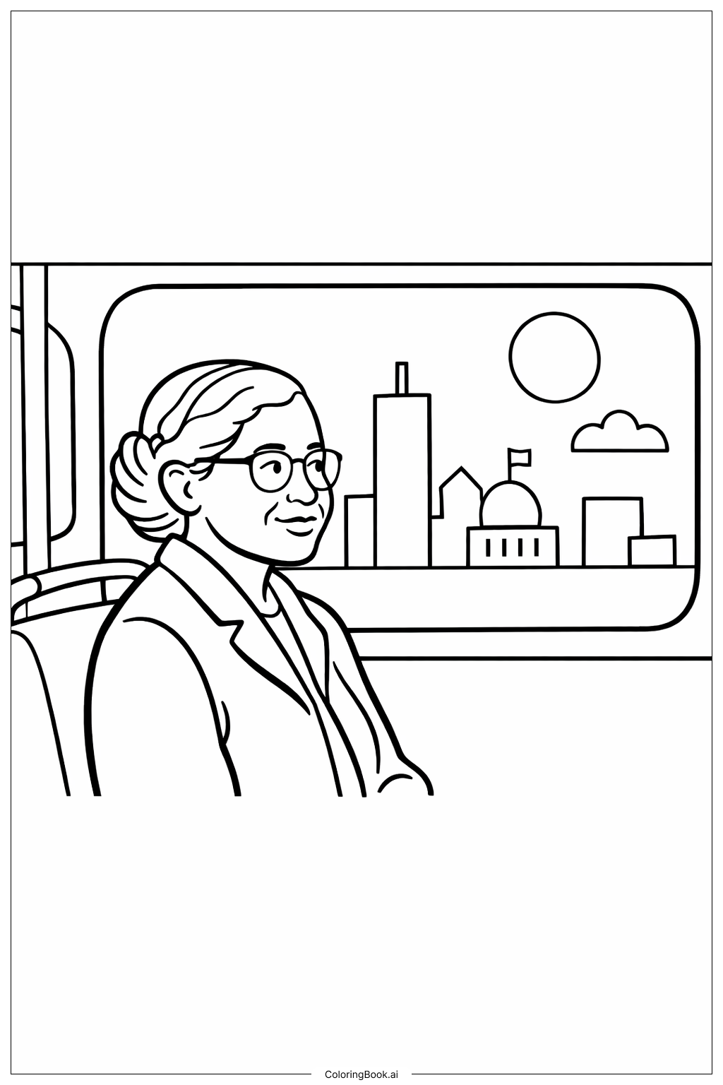  罗莎·帕克斯和公交车窗景填色页 