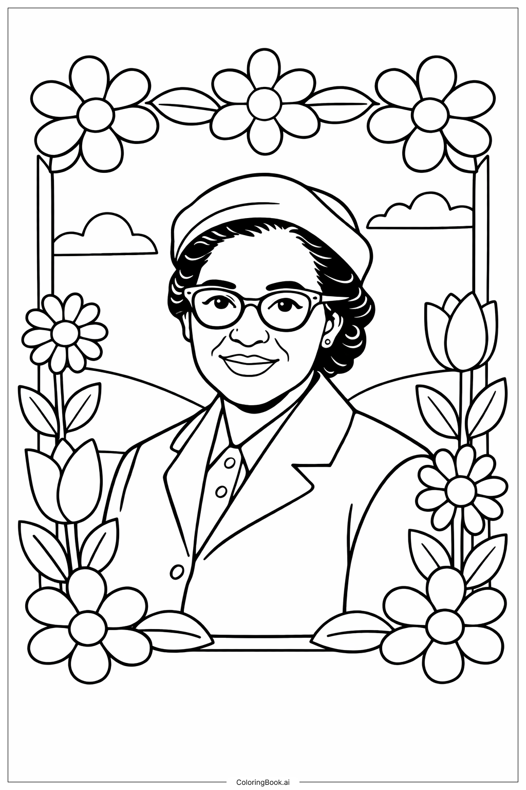  罗莎·帕克斯与花卉边框填色页 