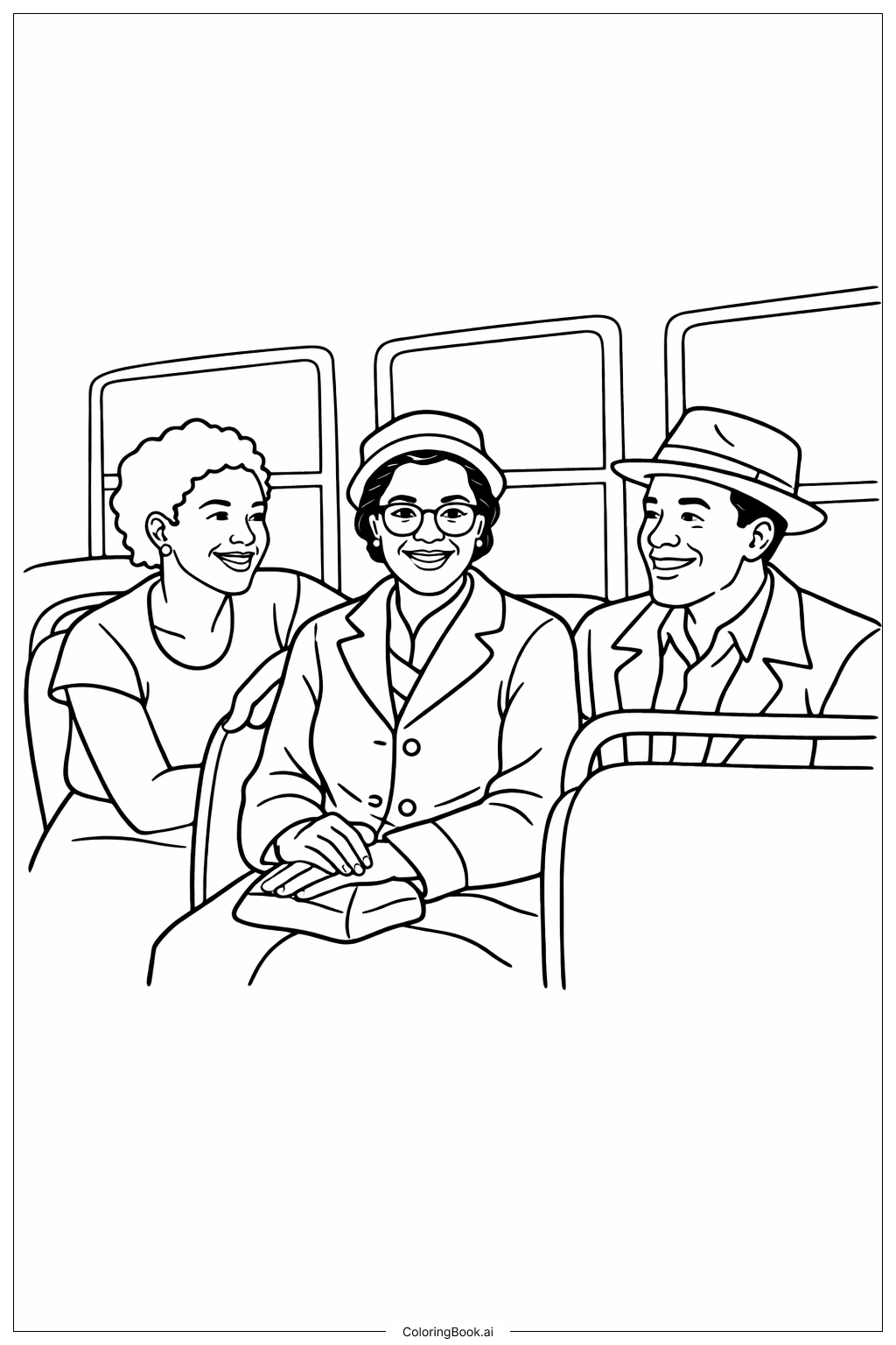  罗莎·帕克斯与朋友们在公交车上填色页 