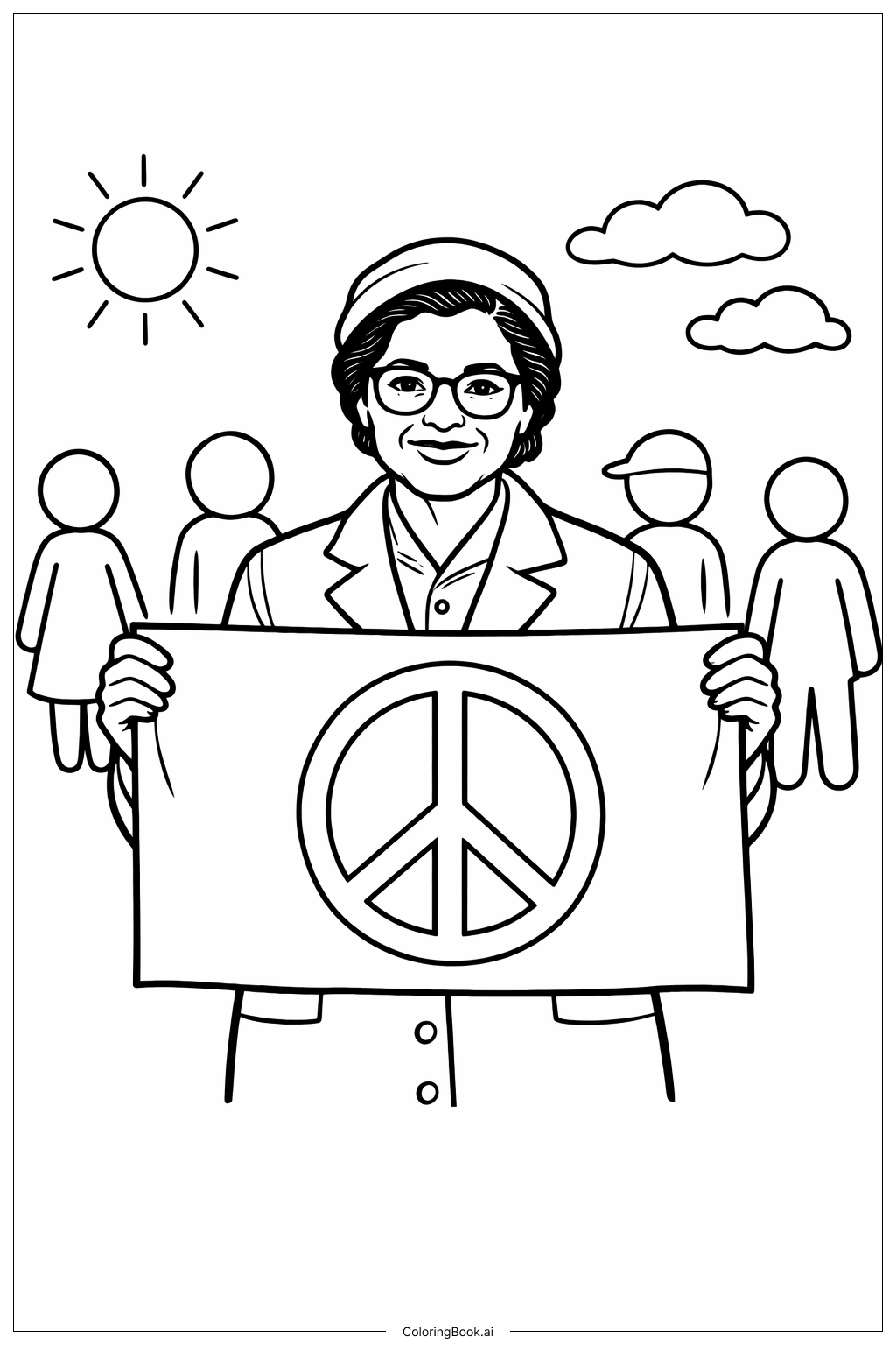  玫瑰·帕克斯与和平标志横幅填色页 