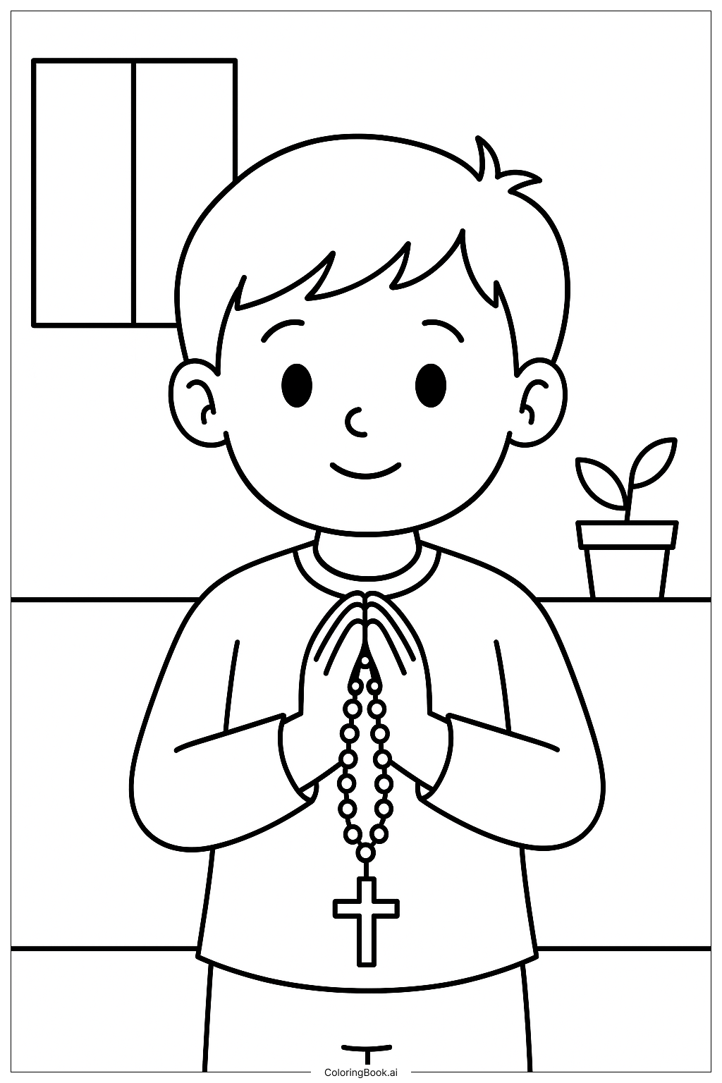 Kind mit Rosenkranz beim Beten Ausmalseite