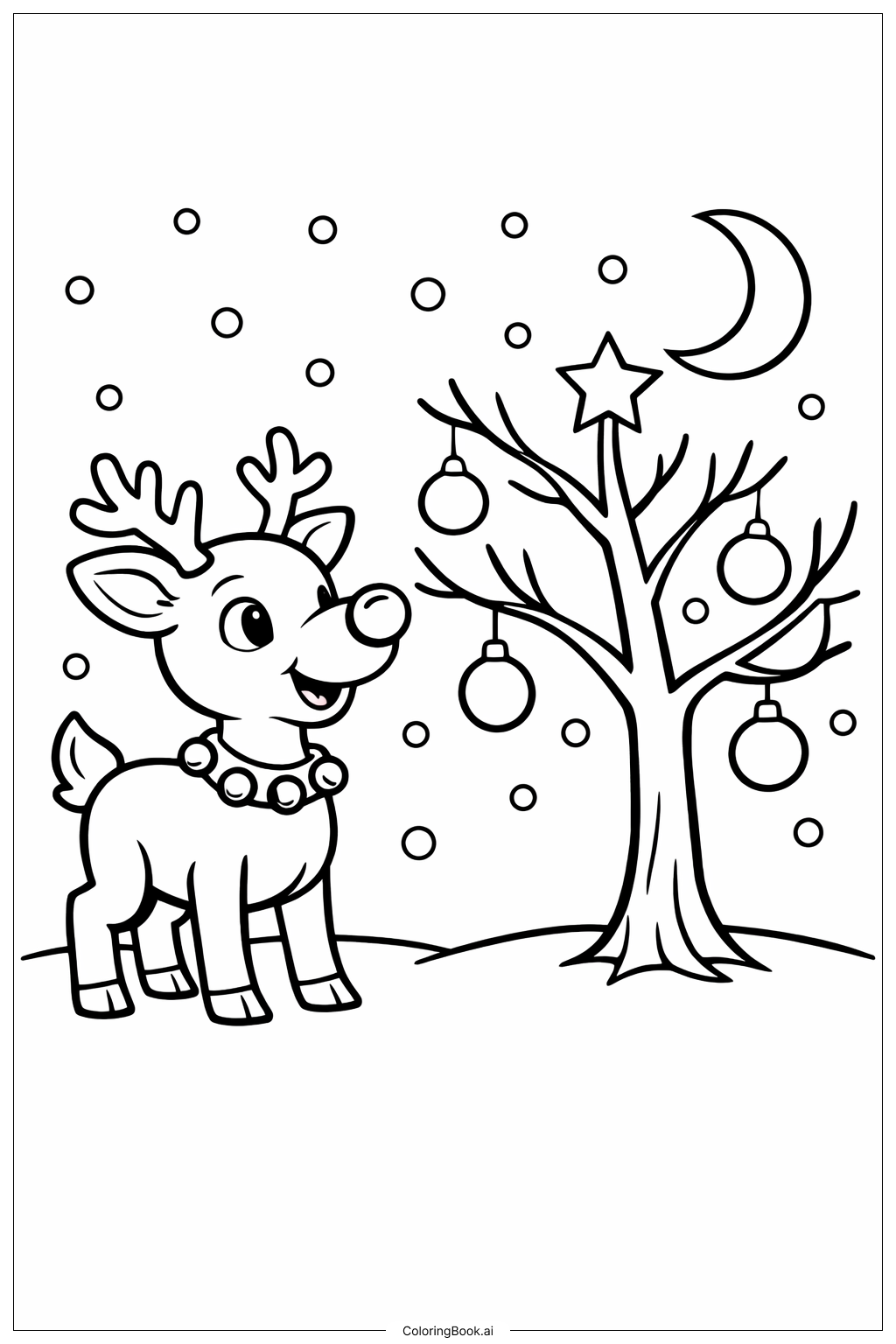  月明かりの木のそばのルドルフの塗り絵ページ 