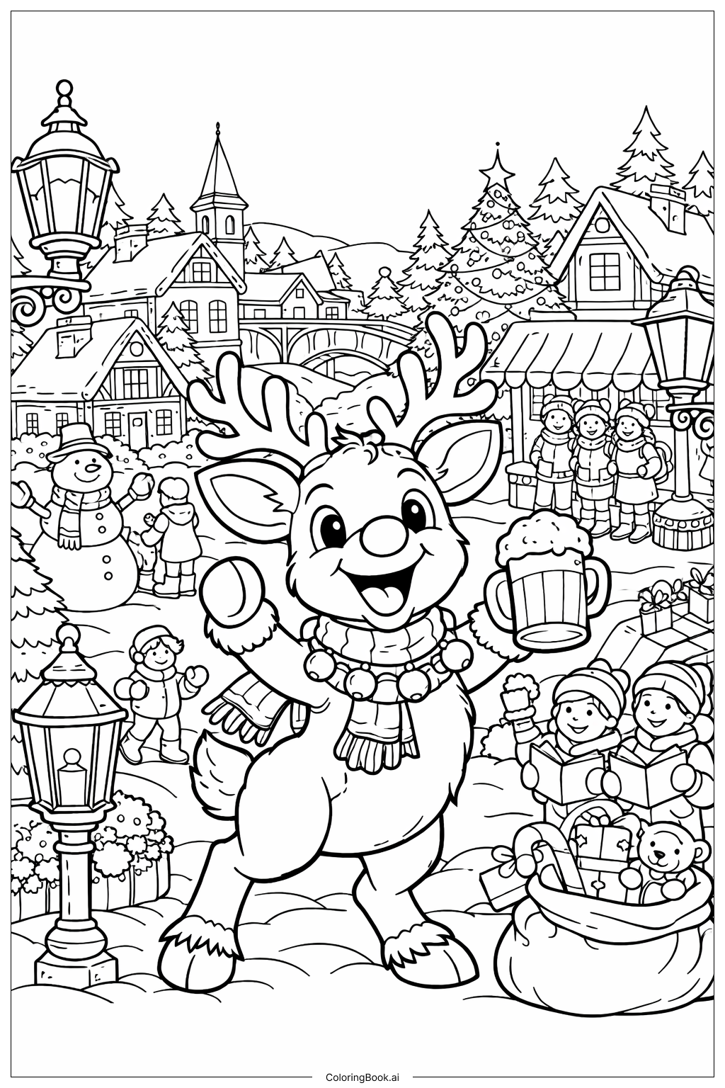  루돌프의 크리스마스 이브 축하 색칠공부 페이지 