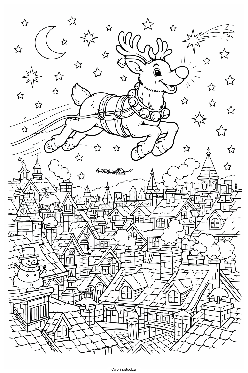  도시 전경 위를 나는 루돌프 색칠공부 페이지 