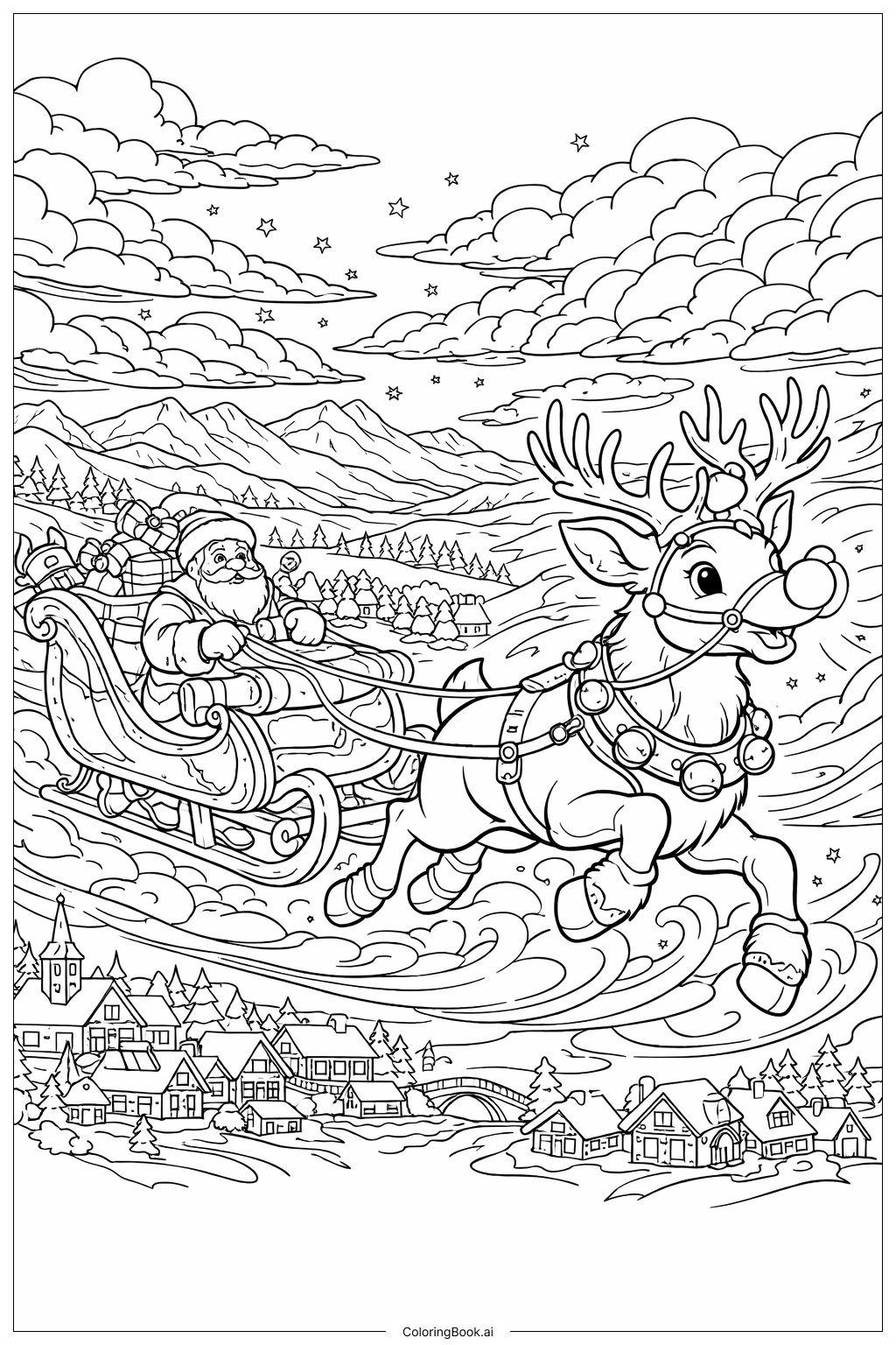  눈보라 속을 안내하는 루돌프 색칠공부 페이지 