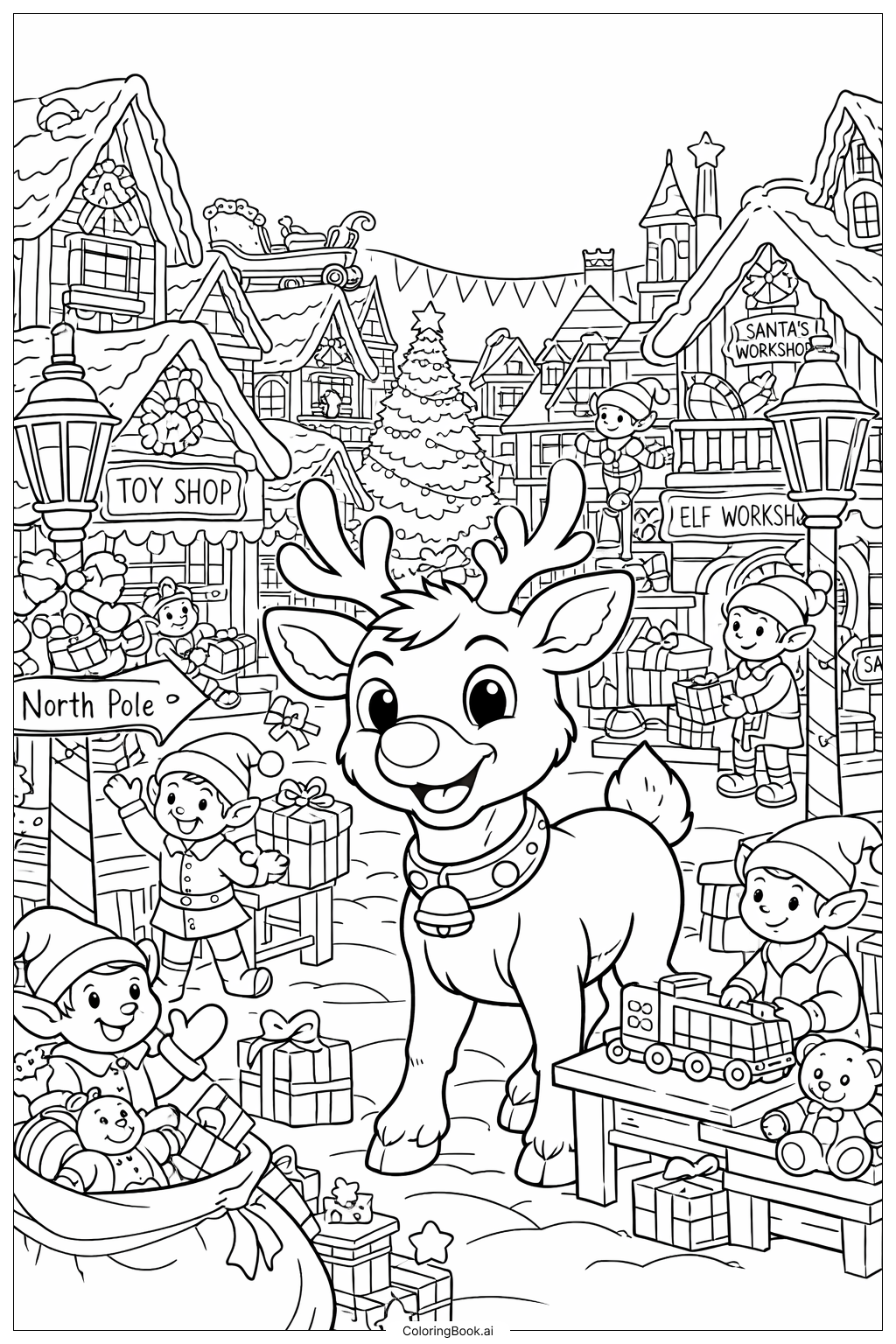  マジカル・ノースポール・ビレッジのルドルフの塗り絵ページ 