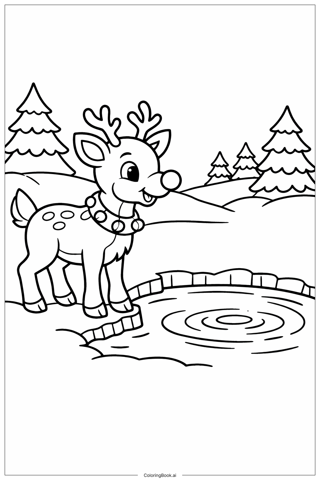Rudolph auf dem vereisten Teich Ausmalseite