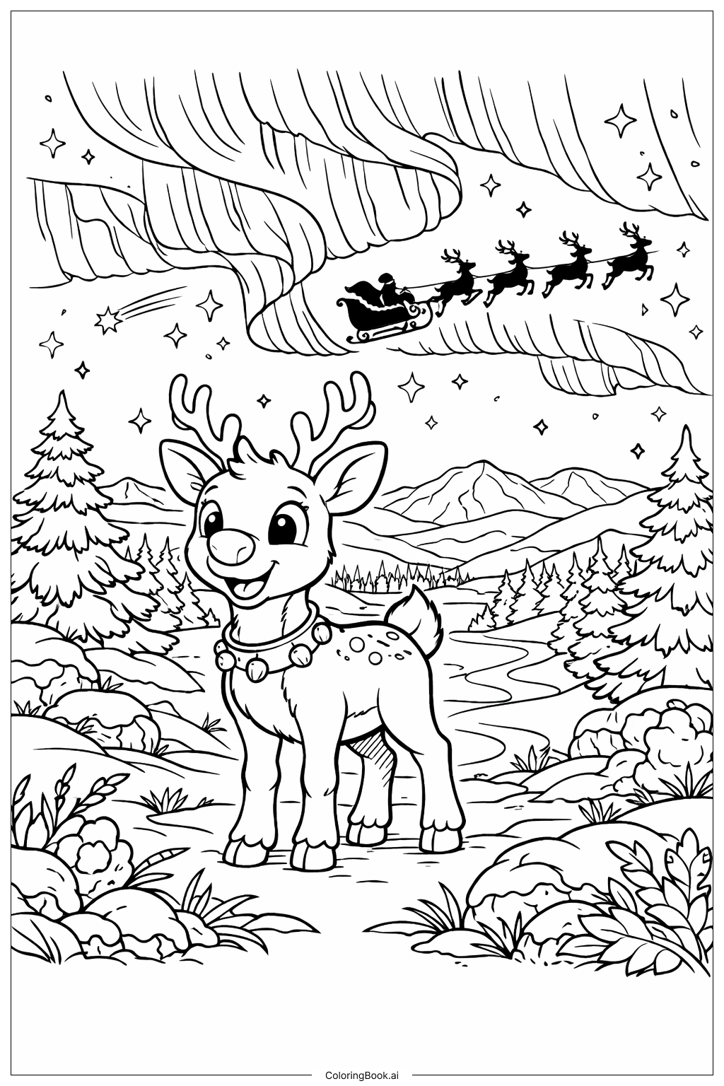  オーロラの下のルドルフの塗り絵ページ 